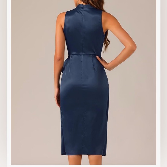 Allegra K Women Sleeveless Satin Dress Stand Collar Tie Ruched Waist Dress - Picture 4 of 13